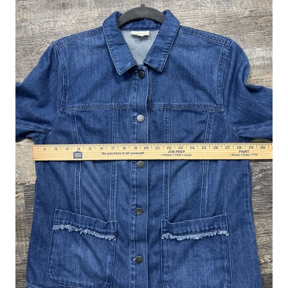 J Jill Denim Blue Jean Size Medium Fringe Trim Button 100% Cotton Shacket - Picture 10 of 12